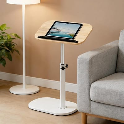 Draaibare bijzettafel, 360° draaibaar, in hoogte verstelbare bijzettafel, salontafel voor smalle ruimtes, met sleuf voor telefoon en tablet, voor woonkamer, slaapkamer (geel hout)