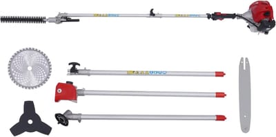 Benzine Bosmaaier - Tuingereedschap Combisysteem - Onderhoud Tuin - 4-in-1 Functionaliteit - 227cm Lengte - Rood Wit Zwart