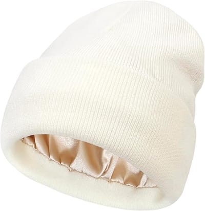MDUG Gebreide damesmuts - Wit - One size - Satijnen voering - Warm, loszittend, comfortabel - Hoofdomtrek 56-58 cm - Satijnen wollen muts - Geschikt voor buitensporten zoals skiën en wandelen
