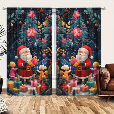 2 stuks Geborduurde Kerstman Geeft Cadeaus Geprinte Gordijn voor Kerst Huisdecoratie - Stangzak Raambekleding voor Slaapkamer, Kantoor 52.5cmX116cm X 2pcs black