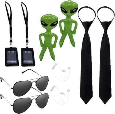 Agent outfit set met 10 stuks, opblaasbare buitenaardse accessoires, zonnebril en ID-kaarthouder - perfect voor Halloween en rollenspel kostuums voor mannen en vrouwen
