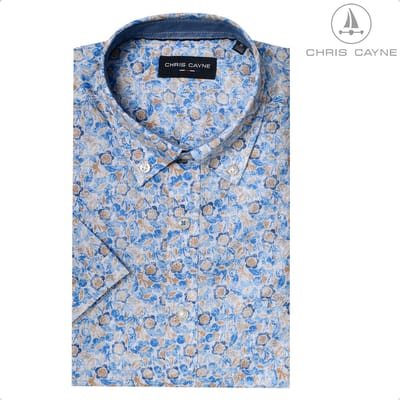 Chris Cayne heren overhemd - korte mouw - M - borstzak - offwhite/zand/blauw - geprint dessin - 100 % Katoen - borstzak