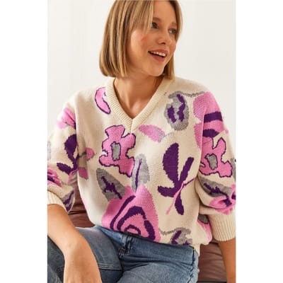 Relaxed Fit V-Hals Bloemen Brei Trui
