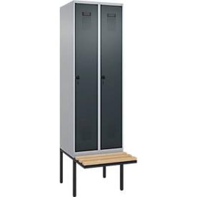 C+P Evolo Plus garderobekast, 2 vakken van elk 300 mm breed, zwevende bank, B 600 x D 815 x H 2120 mm, draaibare grendel, blank aluminium/antracietgrijs