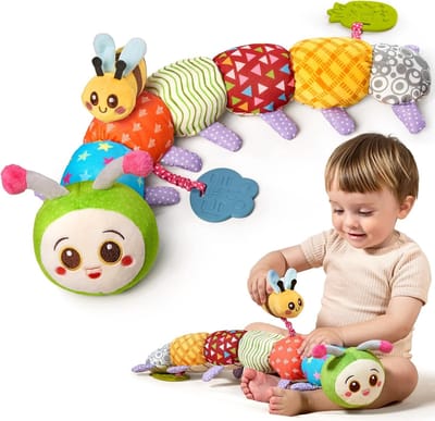 Baby Speelgoed 0 3 6 Maanden Rups Montessori Zintuiglijk Baby Pluche Speelgoed met Rammelaar, Bijtring, Knisperpapier