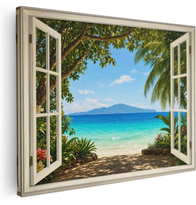 Artaza Canvas Schilderij Tropisch Strand - Zeezicht Met Palmbomen - 80x60 cm - Wanddecoratie Woonkamer - Schilderijen - Muurdecoratie