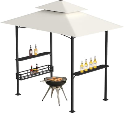 Barbecuepaviljoen 238 x 148 x 250 cm Partytent met Dubbele Afdekking Metalen Barbecuetent Tuinpaviljoen pergola beige