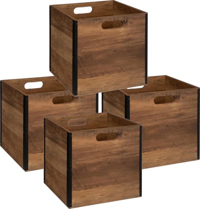 5Five Opbergmand / kastmandje - Set van 4x stuks - Bruin hout - 31 x 31 x 31 cm - 29 liter - Vakkenkast manden - Hout - Opvouwbaar - Kisten
