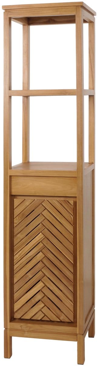 Hoge teakkast MCW-M74, badkamerkast, 1 deur, 4 vakken, hoogwaardig B-grade teakhout (kernhout, 20-30 jaar) 181x40x35 cm