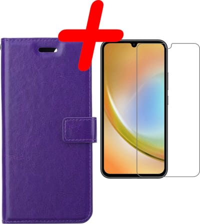 Hoesje Met Screenprotector - Geschikt voor Samsung Galaxy A34 - Luxe Pasjeshouder - Bookcase Portemonee - Flip Case - Kunstleer Book Case - Flipcase - Book Cover - Walletcase - Portemonneehoes - Paars