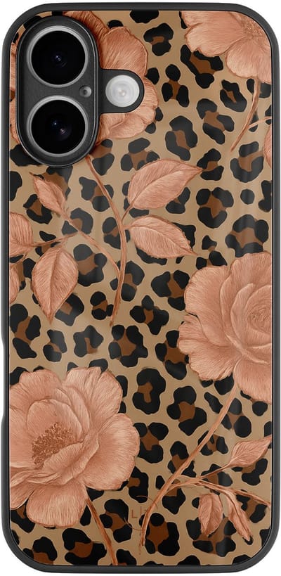Hoesje geschikt voor iPhone 16 - Leo flowers - Luxe Glazen Hardcase - Bloemen, Luipaardprint - Multi - Leuke Telefoonhoesjes