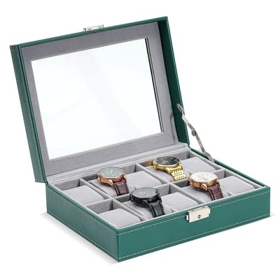 OmGoods - Dailygoody - Groene Faux Leren Horloge Box met 10 Slots - Luxe Horloge Organizer met Glazen Display