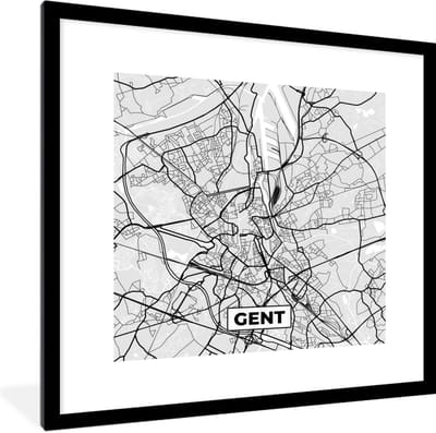 Fotolijst incl. Poster Zwart Wit- Kaart – Plattegrond – Stadskaart – Gent – België – Zwart Wit - 40x40 cm - Posterlijst