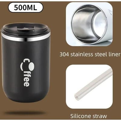 500ml 304 Roestvrijstalen Thermos Koffiebeker met Siliconen Rietje Dubbelwandig Lekvrij Reis Melk Thee Auto Waterbekers Thermos 500ML black