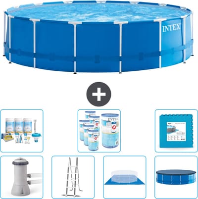 Intex Rond Frame Zwembad - 457 x 122 cm - Blauw - Inclusief Pomp - Ladder - Grondzeil - Afdekzeil Onderhoudspakket - Filters - Vloertegels