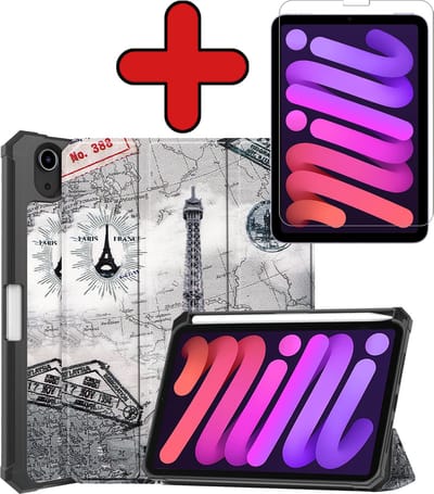 Hoesje - Geschikt voor Apple iPad Mini 6 (2021) - 8.3 inch - 6e Generatie - Met Screenprotector - Trifold Bookcase Hoes - Hard Cover Case - Met Uitsparing Geschikt voor Apple Pencil - Hardcover Book - Tablethoes - Eiffeltoren