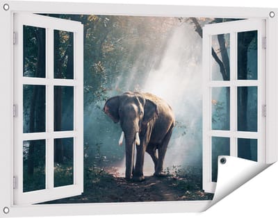 Gards Tuinposter Doorkijk Olifant in het Bos met Zonneschijn - 90x60 cm - Tuindoek - Tuindecoratie - Wanddecoratie buiten - Tuinschilderij