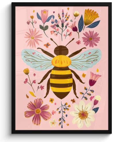 Poster in lijst - Fotolijst 60x80 cm - Posters - Bij - Geel - Bloemen - Kleurrijk - Posterlijst zwart - Decoratie - Wanddecoratie woonkamer - Muurdecoratie slaapkamer