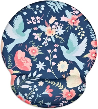 Ergonomische Muismat met Polssteun, Geheugenfoam en Antislip Onderkant voor Thuis en Kantoor, Bloemenprint in Blauw, Pijnverlichting en Comfort tijdens het Werken