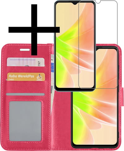 Hoesje - Met Screenprotector - Geschikt voor OPPO A17 - Luxe Pasjeshouder - Bookcase Portemonee - Flip Case - Kunstleer Book Case - Flipcase - Book Cover - Walletcase - Portemonneehoes - Donkerroze