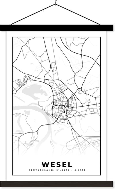 Posterhanger incl. Poster 40x60 cm - Schoolplaat - Plattegrond - Wesel - Kaart - Stadskaart - Textielposter - Zwarte latten - Stadskaart