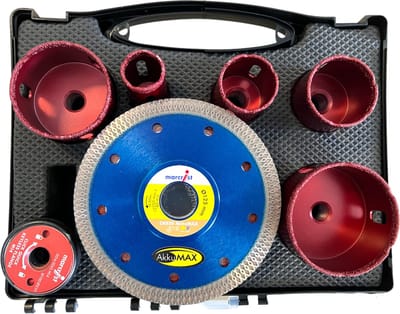 Marcrist tegels complete set 125 mm + 1x tegelsnijder + 5x tegelboor + 10x roestvrijstalen doorslijpschijf + 1x snelwisselflens ( 3999.101.354 ) + koffer