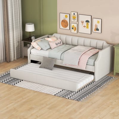 Gutent Slaapbank, Beige (Zonder matras), 90 x 200(190) cm, Gestoffeerde Eenpersoons slaapbank met onderschuifbed