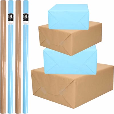 8x Rollen kraft inpakpapier/kaftpapier pakket bruin/lichtblauw 200 x 70 cm/cadeaupapier/verzendpapier/kaftpapier