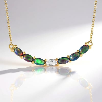 Cavill - Zilveren Halsketting 925 Zilver Verguld - 6x Ethiopische Mezezo Opaal 0 899 ct + Witte Topaas 0 255 ct - Verstelbare Elegante Ovale Ketting
