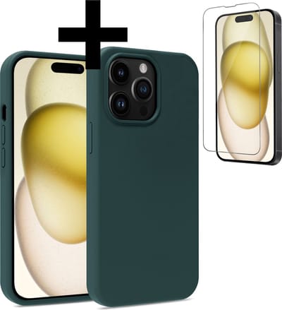 Hoesje - Met Screenprotector - Geschikt voor Apple iPhone 15 Pro - Sterk & Shockproof - Back Cover - Siliconen Case - Telefoon Hoes - Telefoonhoesjes - Donkergroen