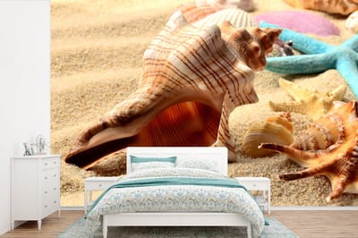 Behang - Fotobehang Zeester - Schelpen - Zand - Strand - Breedte 450 cm x hoogte 300 cm