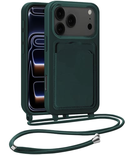 Hoesje Geschikt voor iPhone 17 Pro / 18 Pro Hoesje Met Telefoonkoord en Pasjeshouder Siliconen - Hoes Geschikt voor iPhone 17 Pro / 18 Pro Hoesje Met Kaarthouder Case - Donkergroen