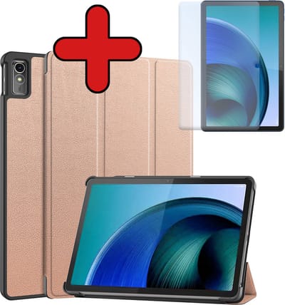 Hoesje - Geschikt voor Lenovo Tab M10 5G - Met Screenprotector - Hardcover Book Case - Trifold Bookcase Hoes - Hard Cover - Tablethoes - Rosé goud