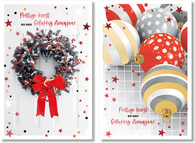 MGPcards - 20 Luxe dubbele wenskaarten - Kerstkaarten / Nieuwjaar - Foliebewerking - Witte envelop - 10.5 x 16 cm - 2 Motieven per doosje