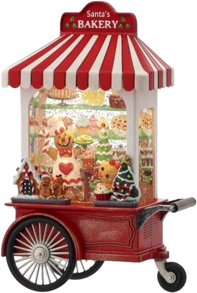 Viv! Christmas Kerst Sneeuwbol incl. LED - 'Santa's Bakery' Gingerbread Snoepkar - automatisch - rood wit - 25cm