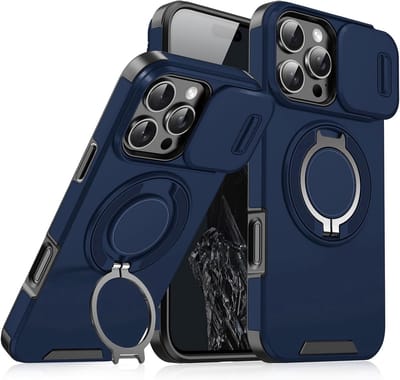 Armor Tough [360° draaibare ringstandaard] [compatibel met Magsafe] Hoesje Geschikt voor: iPhone 16 Pro - Ingebouwde dia camera cover - Hybrid - Blauw