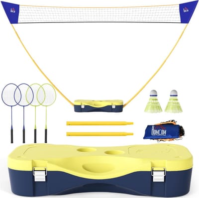 HOMCOM Badmintonnet met standaard, badminton netstandaard, draagbare netstandaard, badmintonnet met 4 badmintonrackets, buitensport, geel + blauw, 280 x 33 x 157 cm