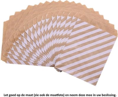 Kraft Papieren Zakjes - Gestreept – 25 Stuks – Bruin – 13 x 18 cm – Gift Bag – Geschenkzakjes – Cadeau – Cadeauzakjes - Fournituren - Traktatie - Snoep - Koek - Beter voor het milieu