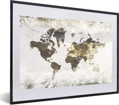 Poster in lijst - Fotolijst 60x40 cm - Posters - Wereldkaart - Bloemen - Goud - Posterlijst zwart - Decoratie - Wanddecoratie woonkamer - Muurdecoratie slaapkamer