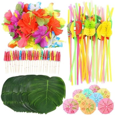108 Stuks Hawaiiaans Tropisch Feest Decoratie Set Bladeren Bloemen Parapluutjes voor Hawaiiaans Feest Strand yellow