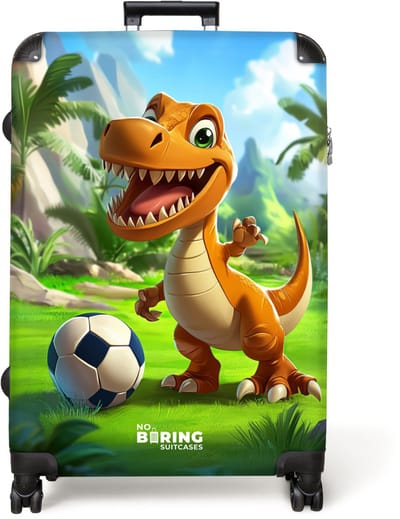 NoBoringSuitcases.com® - Koffer groot - Reiskoffer lichtgewicht - Dino met een voetbal in groen landschap - Rolkoffer met 4 wielen - Grote trolley XL - 98 liter bagage