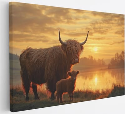 Saammp - Canvas Schilderij - Schotse Hooglander Koe - Kalf - Zonsondergang - Dieren - Natuur - 30x20 - Foto op canvas - Wanddecoratie - muurdecoratie Woonkamer - Slaapkamer decoratie - Canvas Print