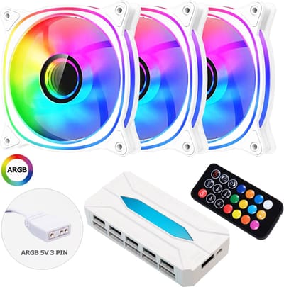 ARGB Fan x 3 - 120mm PWM Fans White Frame - Ventilatorhuis - 3 Pack - ARGB Ventilator 120mm - 40,94 CFM - 600~1600 RPM - 27,2 dB(A) - 4-pin PWM - Zero-RPM - Wit - LC-CF-120-ARGB-KIT-B