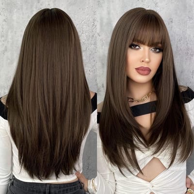 Lang Rechte Gladde Cosplay Pruik Donkerbruin met Pony voor Vrouwen - Natuurlijke Synthetische Haar voor Carnaval, Halloween en Feestkleding, 70cm