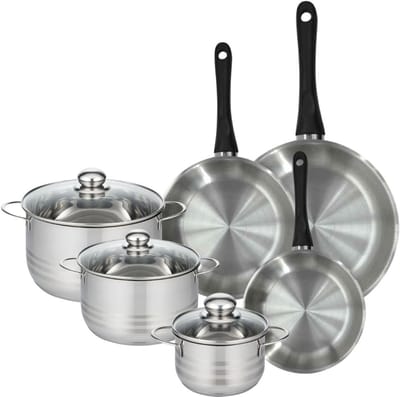 Set van 3 pannen 20, 24 en 28 cm van roestvrij staal en 3 roestvrijstalen kookpotten 16, 20 en 24 cm Fackelmann Geneva
