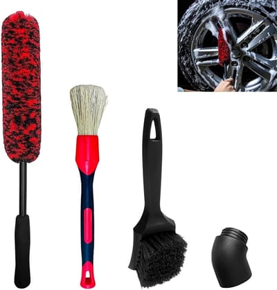 Car Wheel Brush Set - 4 Pieces Car Wash Kit - Tyre Wheel Brush Tools - Long Handle - Soft Microfiber Cleaning Brush voor het Schoonmaken van Voertuigen - Motorfietsen - Fietsen Wielen (Rood)