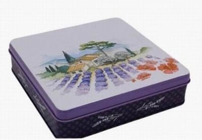 Metalen vierkant zeep blik Vue Provence met 4 zachte palmolievrije zepen vanille-menthol-lelietjes van dalen-citrus - Vintage voorraadblik - Franse handzeep - Marseille zeep Marseillezeep