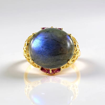 Cavill - 925 Sterling Zilver Ring - 16,2 ct Blauwe Labradoriet & 0,68 ct Marquise Rhodoliet - Verfijnde Vergulde Ovale Cabochon