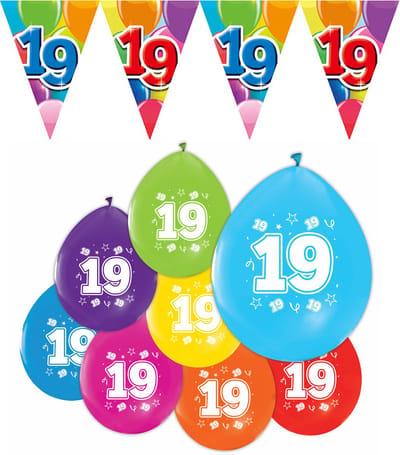 Feestpakket 19 jaar / 8 ballonnen en 1 vlaggenlijn 10 meter - Versiering Slinger Feestdecoratie Decoratie Verjaardag Jubileum Ballon Feest