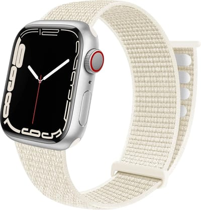 Strap-it Nylon Loop band - Geschikt voor Apple Watch -Series 1/2/3/4/5/6/7/8/9/10/11/SE/SE2/SE3/Ultra (2/3) - Sterrenlicht / Starlight - Nylon bandje met klittenband - Stof iWatch bandje voor maat: 44mm / 45mm / 46mm / 49mm